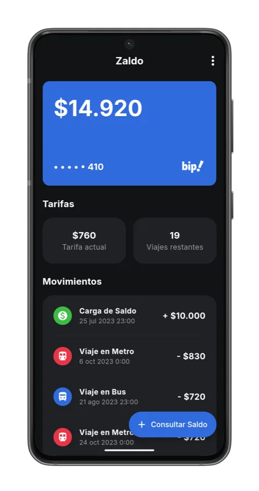 Saldo de una tarjeta bip!, tarifa actual y últimos movimientos (tema oscuro)