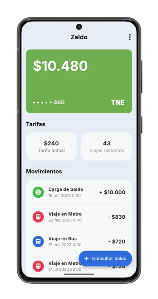 Saldo de una TNE, tarifa actual y últimos movimientos (tema claro)