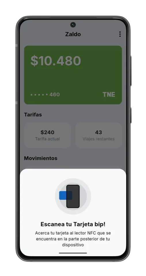 Pantalla para acercar la tarjeta al lector NFC (tema claro)
