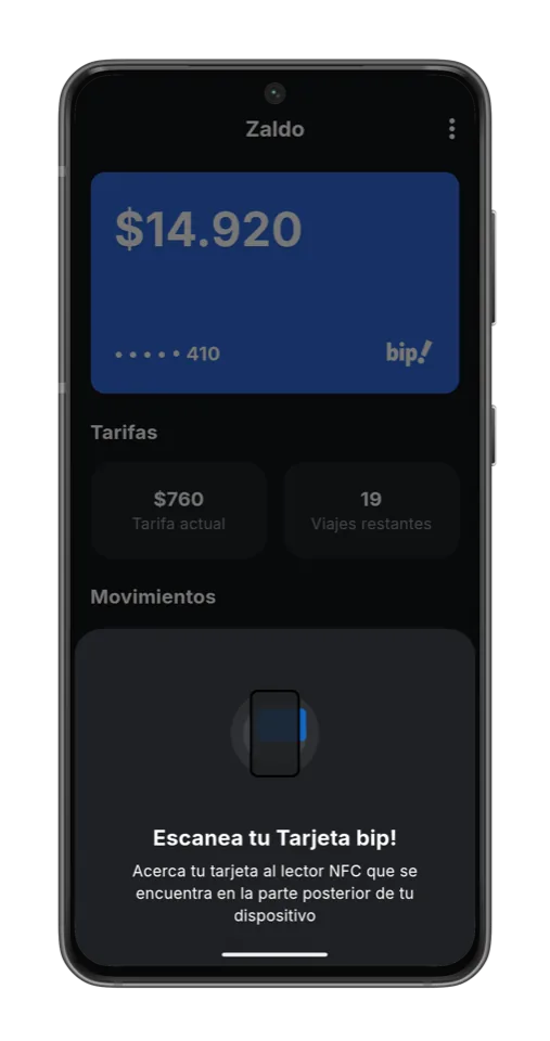 Pantalla para acercar la tarjeta bip! al lector NFC (tema oscuro)